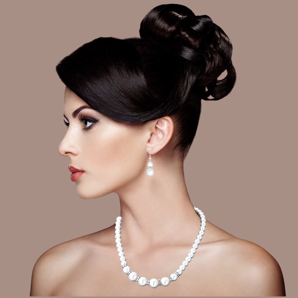 Pearl Necklace Set - Necklace, Bracelet and Earrings 3 Piece Jewelry set